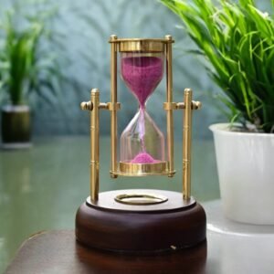 01 Minute Antique Brass Sandtimer with Compass on Wooden Base by Brass Enclave™
